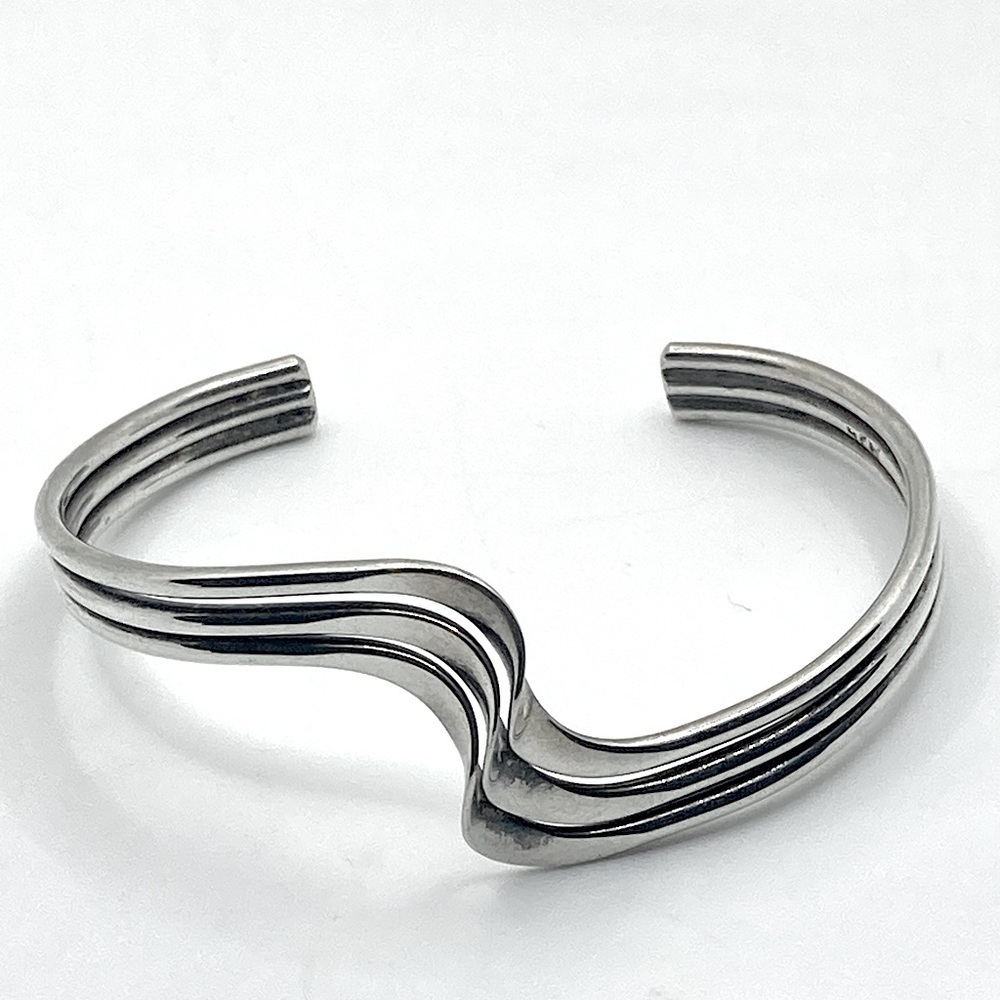 𝅺vtg Sterling Silver Triple Wave Cuff Bracelet Adjustable Bendable 7”
